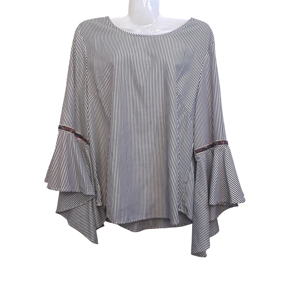 Roommates Striped Blouse Bell Sleeve‎ Beaded Trim Top Black White L
